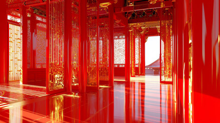 3D Luxurious Traditional Red and Gold Interior with Ornate Columns, Majestic Architecture, Intricate Cultural Design, Bright Reflective Surfaces and Regal Historical Palace Style