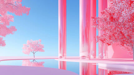 3D Futuristic Minimalist Landscape with Pink Glass Pillars, Reflections of Vibrant Trees and Tranquil Blue Sky, Surreal Dreamlike Aesthetic, Creative and Elegant Architectural Design