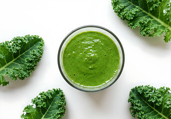 Obraz premium Top-down view of a kale smoothie in a transparent glass, kale leaves spread beside it symmetrically, isolated on white background, sharp focus, minimalist food concept