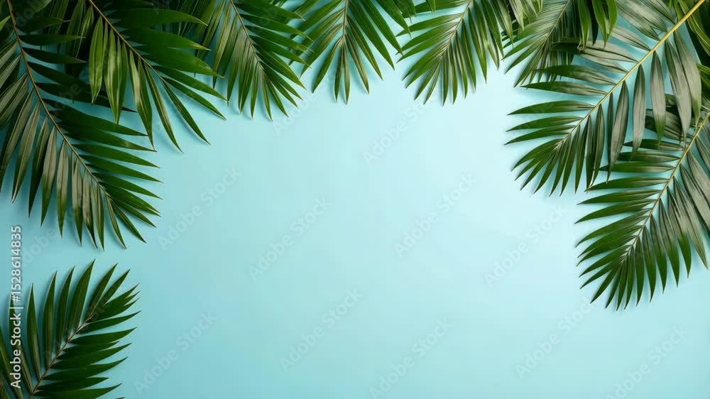 Poster tropical background animation with realistic green palm leaves moving over a light blue surface, cre