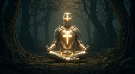 Luminous Knight Meditating in a Forest of Shadows Achieving Inner Peace
