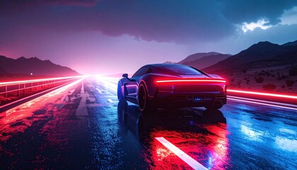Cyberpunk aesthetic: A futuristic car races down a neon-lit highway at night