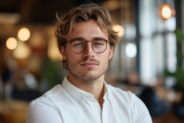 Obraz premium Confident Young Adult Man in Casual Wear with Glasses in Modern Workspace Vibrant Smiling Portrait of Millennial Model