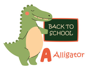 Cute kids alphabet. Alligator and letter A. Animals and alphabet letters. Flat vector illustration.