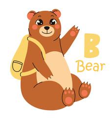 Cute kids alphabet. Bear and letter B. Animals and alphabet letters. Flat vector illustration.