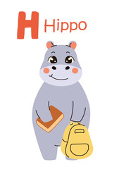 Cute kids alphabet. Hippo and letter H. Animals and alphabet letters. Flat vector illustration.