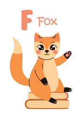 Cute kids alphabet. Fox and letter F. Animals and alphabet letters. Flat vector illustration.