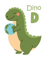 Cute kids alphabet. Dino and letter D. Animals and alphabet letters. Flat vector illustration.