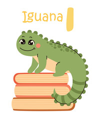 Cute kids alphabet. Iguana and letter I. Animals and letters of the alphabet. Flat vector illustration.