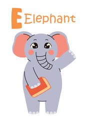 Cute kids alphabet. Elephant and letter E. Animals and alphabet letters. Flat vector illustration.