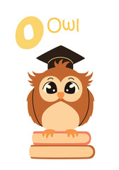 Cute kids alphabet. Owl and letter O. Animals and alphabet letters. Flat vector illustration.