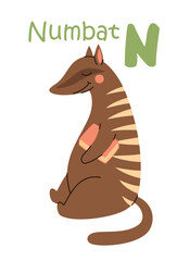 Cute kids alphabet. Numbat and letter N. Animals and alphabet letters. Flat vector illustration.