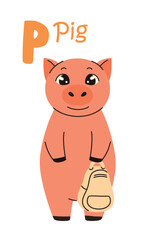 Cute children's alphabet. Pig and letter P. Animals and letters of the alphabet. Flat vector illustration.