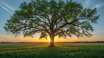 Fototapeta premium Majestic oak tree silhouetted against a vibrant sunset