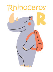 Cute kids alphabet. Rhinoceros and letter R. Animals and letters of the alphabet. Flat vector illustration.