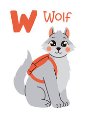 Cute kids alphabet. Wolf and letter W. Animals and alphabet letters. Flat vector illustration.