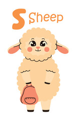 Cute kids alphabet. Sheep and letter S. Animals and alphabet letters. Flat vector illustration.