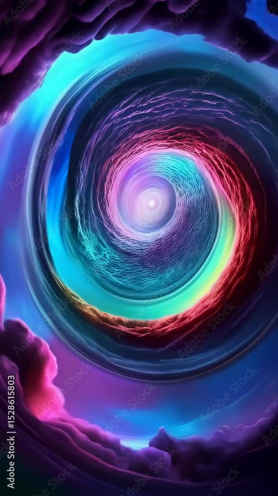 Poster surreal swirling cloudscape with vibrant colors, creating a portal-like effect into another dimensio