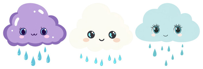 Fototapeta premium PNG Cute kawaii clouds raining, element set on transparent background