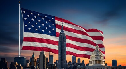 American flag over new york city skyline at sunset