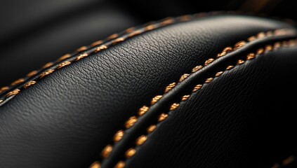 Close-up of black leather with gold stitching