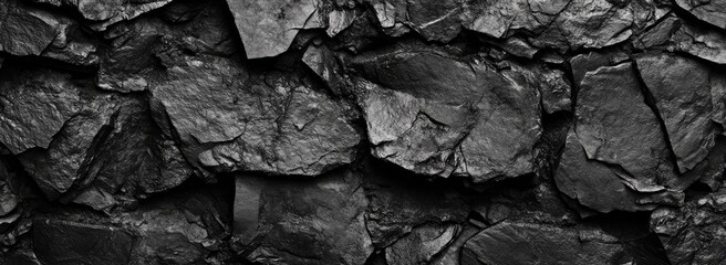 Close-up view of a dark gray stone wall texture.  Jagged, uneven pieces of rock create a rough surface