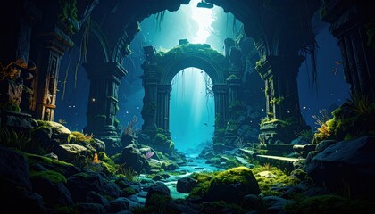 Mystical underwater ruins amidst vibrant flora, captivating fantasy realm