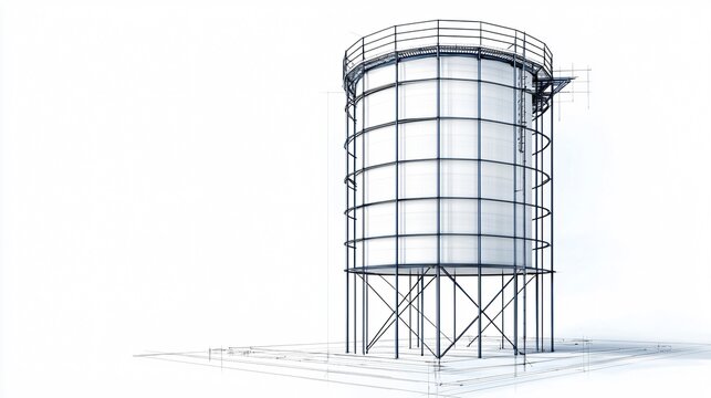 A cross-section blueprint of a bulk storage silo support structure with dynamic freehand sketch of anchor bolt drilling and verifying plumb checks
