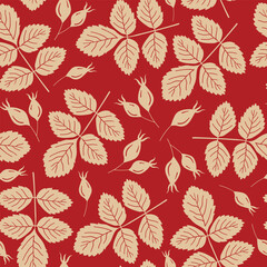 Abstract rose hip berries vector seamless pattern in beige color on dark red background