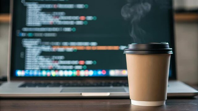 Steaming coffee cup near laptop with code highlights programming and technology in software developer collaboration environment