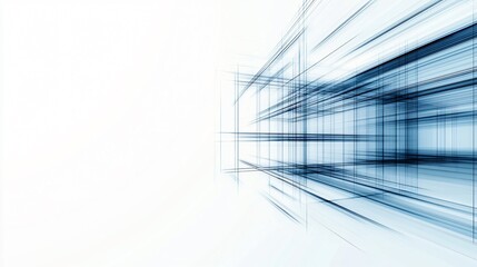 Obraz premium A layered image of a high-rise steel frame blueprint overlaid with a dynamic 3D sketch of beams and columns in motion, on a clean white background