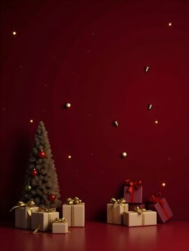 Backdrop for studio photo. christmas tree and gifts on burgundy background