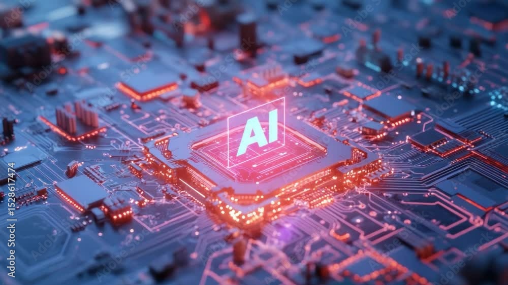 Poster ai chipset: illuminated, a futuristic close-up showcases the core of artificial intelligence, a vibr
