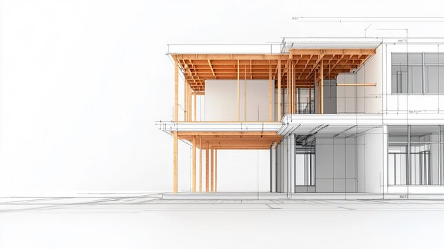 A realistic render combining CAD blueprints of reinforced concrete slabs with an exploded-view sketch illustrating formwork removal and shoring systems under construction