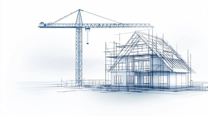 An exploded blueprint diagram of a load-bearing wall assembly alongside a dynamic pencil sketch of blockwork laying and scaffold erection in a construction zone