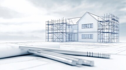 An exploded blueprint diagram of a load-bearing wall assembly alongside a dynamic pencil sketch of blockwork laying and scaffold erection in a construction zone