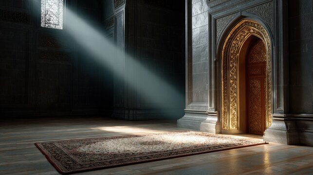 Sunlight streams through a window, illuminating an ornate doorway and a patterned rug inside a grand, dimly lit hall with intricate architecture.