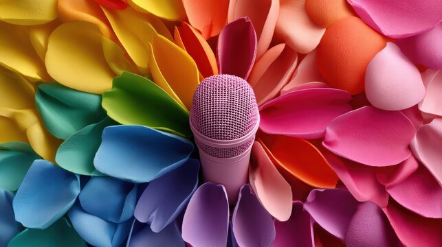 A pink microphone surrounded by vibrant, multicolored flower petals.