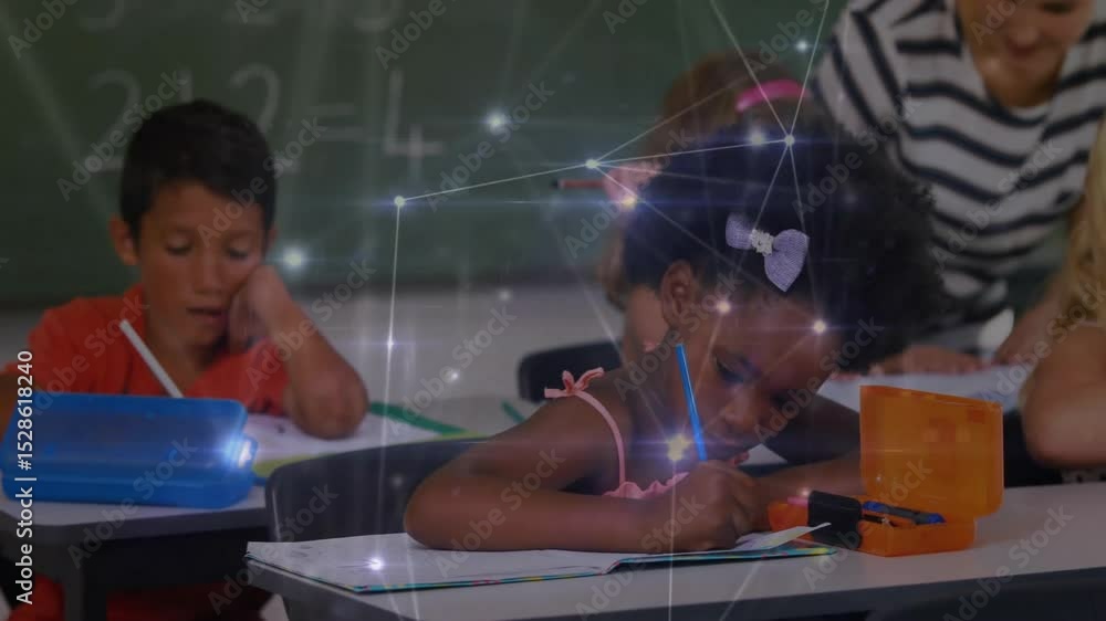 Poster girl writing solving math equation while overlay fading into view pulsing network boosting learning