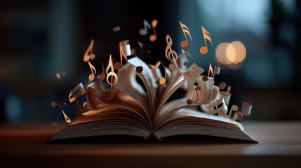 A magical open book with musical notes floating out, suggesting the enchanting connection between music and literature.