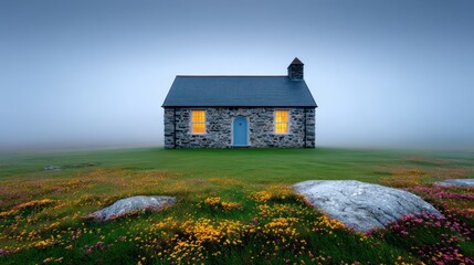 A stone cottage with glowing windows sits on a grassy field with wildflowers and rocks, surrounded by mist.