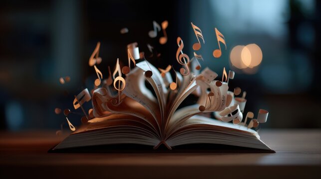 A magical open book with musical notes floating out, suggesting the enchanting connection between music and literature.