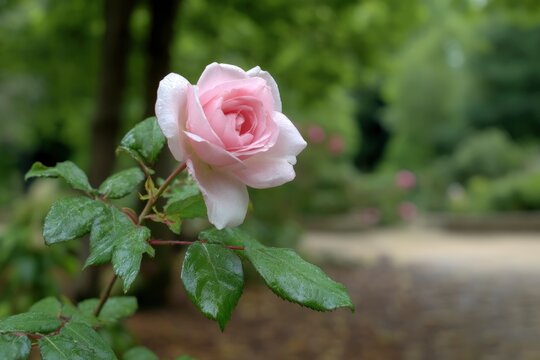 Pink rose with wet leaves outdoors