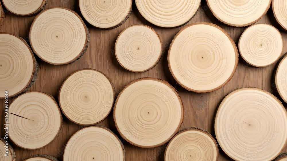Poster overhead shot of assorted round pine wood cross-sections against a woodgrain surface, creating a rus