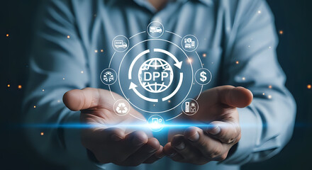 Businessman showcasing DPP global supply chain management system with icons representing logistics, finance, and sustainability.