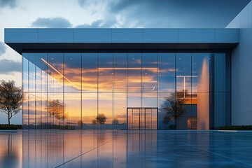 Fototapeta premium Modern Architecture Glass Facade with Sunset Reflections. Urban Design Aesthetic and Contemporary Style