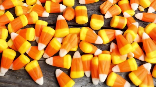Pile of candy corn on rustic wood backdrop for Halloween holiday celebration, traditional sweet confectionery treat