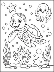 Fototapeta premium Cute Sea Turtle Coloring Page for Kids – Printable Black and White Underwater Line Art with Fish, Starfish, and Ocean Scene 