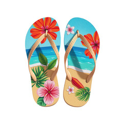 Colorful flip-flops decorated with tropical flowers, palm leaves and a beach scene featuring the ocean and sand.