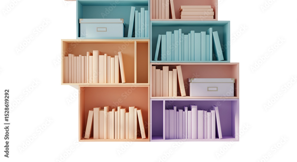 Poster colorful abstract bookshelf arrangement with stacked books and boxes against a transparent backgroun